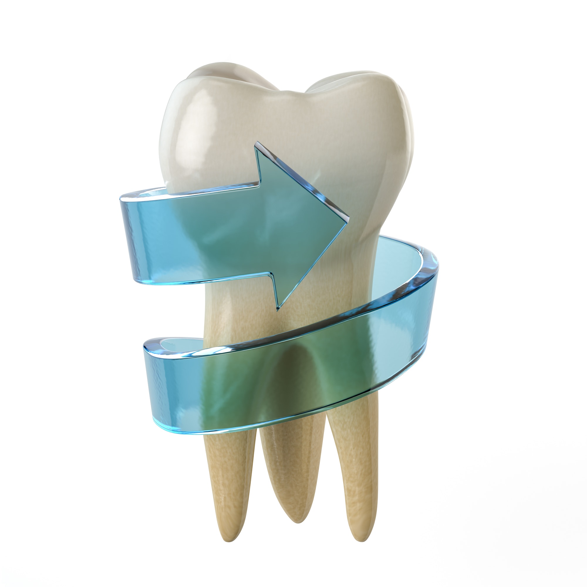 Tooth protection concept. Teeth with blue arrow isolated on whit